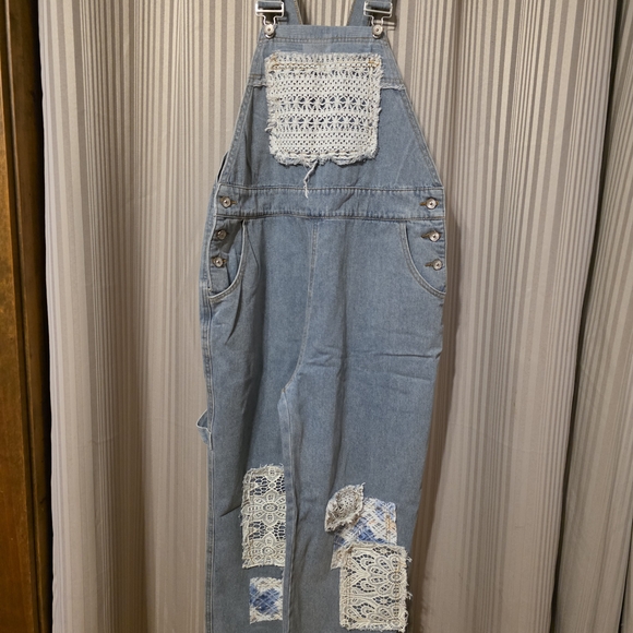 POL Blue Denim Overalls with Lace Accents - Picture 1 of 8